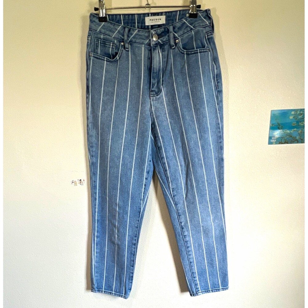 PacSun Women's Mom Jeans High Rise Striped Light Wash Blue White Denim 25